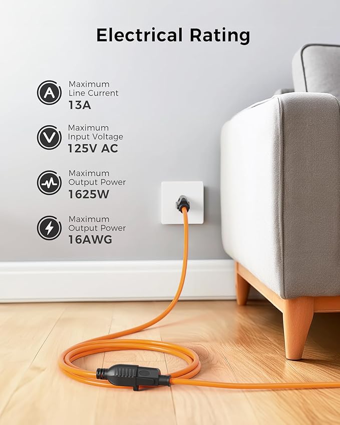 [UL Listed] Cable Matters 2-Pack 16 AWG Heavy Duty 13A Power Extension Cord - 3ft, 3 Prong Power Cord Extension, NEMA 5-15P to NEMA 5-15R, Orange