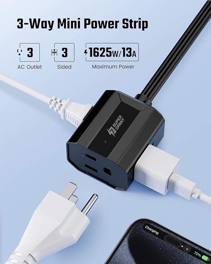 Extension Cord 10ft SUPERDANNY Mini Power Strip Ultra Right Angled Flat Plug for Tight Spaces,Indoor Extension with 3 Outlets,for Office Home Appliances,Non Surge Protector for Travel Cruise,Black