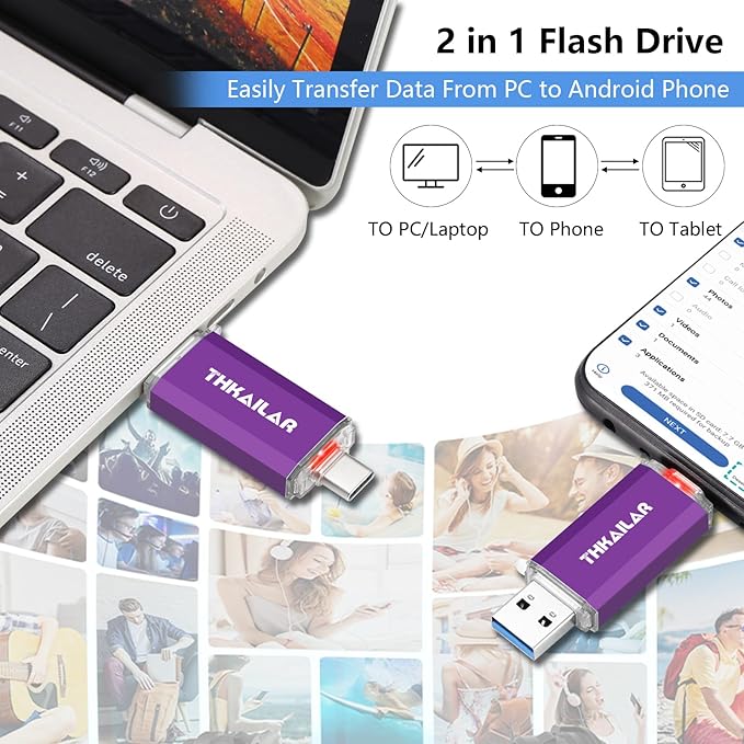 THKAILAR 128GB USB C Flash Drive 5 Pack,2-in-1 Dual Type-A&Type-C Thumb Drive USB 3.0 Memory Stick,High-Speed Flash Drive USB C for iPhone 15/16,Android,Mac,PC,PS4,Plug&Play,Durable&Compact Design
