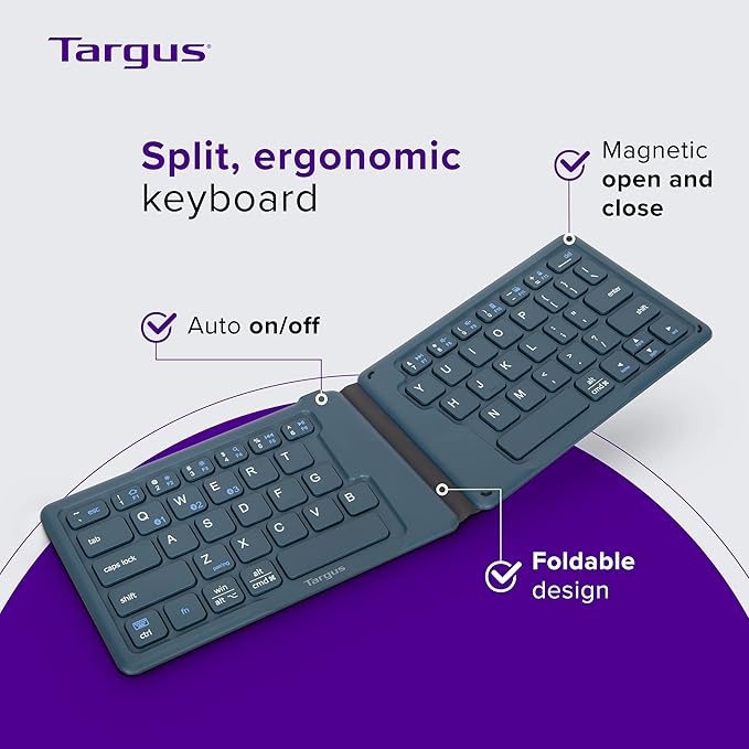 Targus Ergonomic Foldable Bluetooth Keyboard, Split Travel Keyboard Wireless, Rechargeable Portable Wireless Keyboard for Android iPhone Microsoft & Apple Tablets, Blue (PKF00302US)