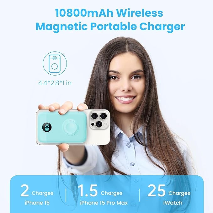 Magnetic Portable Charger 10800mAh,4-in-1 Wireless Power Bank with iWatch Charger, QC4.0+20W PD Fast Charging USB C Battery Pack with LCD Display for Magsafe,iPhone 16/15/14/13/12 Series, Green