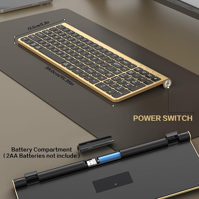 JOYACCESS Black Gold Wireless Keyboard with Low-Profile Keys - 2.4GHz Full-Sized,Windows & Mac OS, Quiet,Ergonomic Keyboard for Computer, Laptop, PC, Mac,Windows- Gold