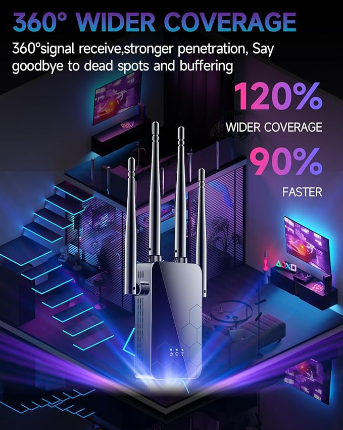2025 WiFi Extender Internet Booster, 10000 Sq.ft Long Range Repeater Wireless Routers Amplifier, Mesh Wi-Fi 80% Faster | Broader Than Ever, Support More Network Devices at Home, 1-Tap Setup