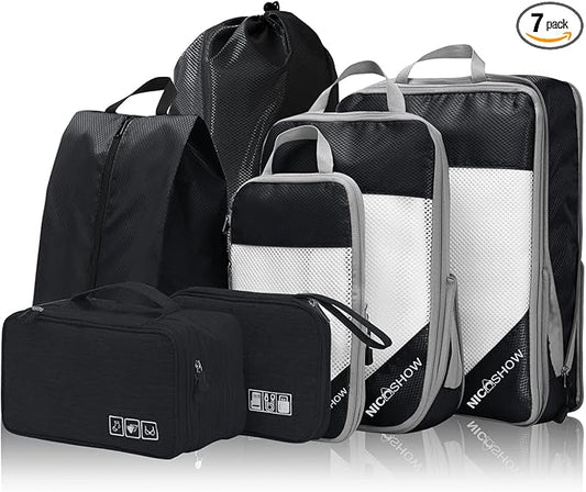 7 Set Compression Packing Cubes for Travel - Compressible, Lightweight, and Space-Saving Packing Cubes, Travel Essentials for Women, Black