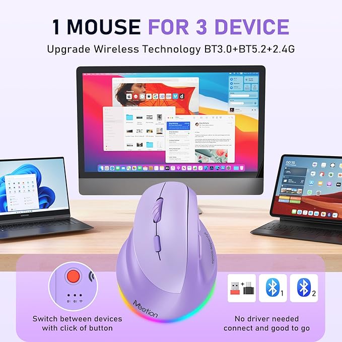 MEETION Left-Handed Mouse, Ergonomic Mouse Wireless Vertical Mouse, RGB Rechargeable Mice for Bluetooth(5.2 + 3.0) & USB-A with Type-c Adapter 4 Adjustable DPI for Mac/Windows/PC/Tablet/iPad Purple