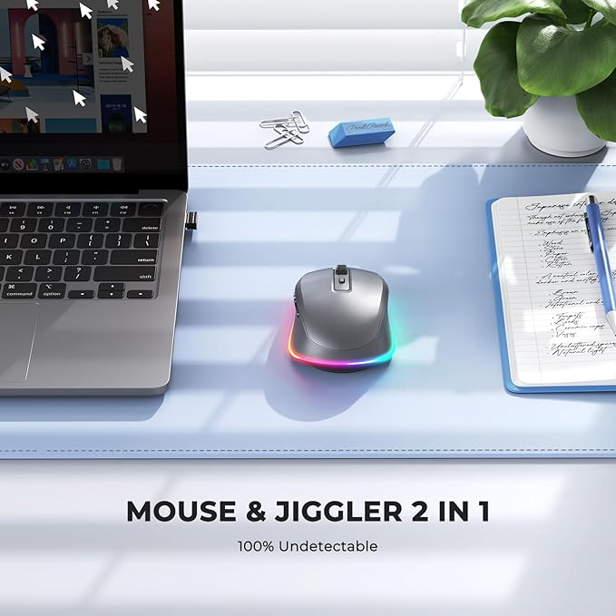PEIOUS Wireless Mouse Jiggler - LED Wireless Mice with Build-in Mouse Mover, Rechargeable Moving Mouse for Laptop with Undetectable Random Movement Keeps Computers Awake - Space Grey