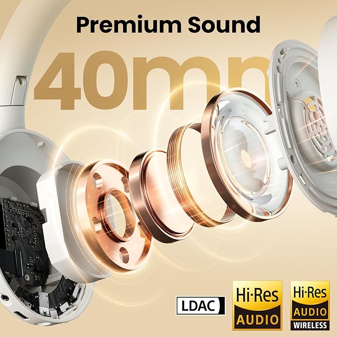 HAYLOU S30 Pro Noise Cancelling Bluetooth Headphones, LDAC Hi-Res Audio, 5 HD Mics Call, 80H Playtime, Custom EQ via App, Bluetooth 5.4 Multipoint Connect, Wireless Headphones Over Ear, White