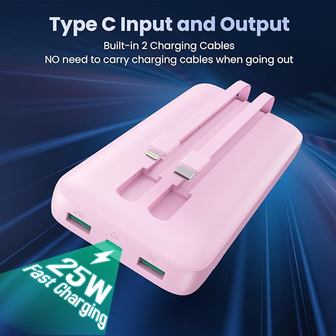 Portable Charger PowerBank 40,800mAh with 2 Built-in Cables,25W PD Fast Charging +QC 4.0 Quick Phone Charging Power Bank, 5 Outputs LCD Display USB C Battery Pack for iPhone 16/15 Android Galaxy etc