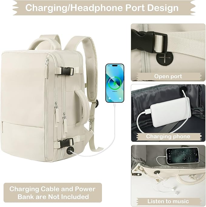 Hanples Large Travel Backpack for Women, 35L Carry on Luggage Backpack, College Laptop Backpack Airline Approved Business Work Bag Fits 17 Inch Computer for Men with 2 Toiletry Bags (Beige)