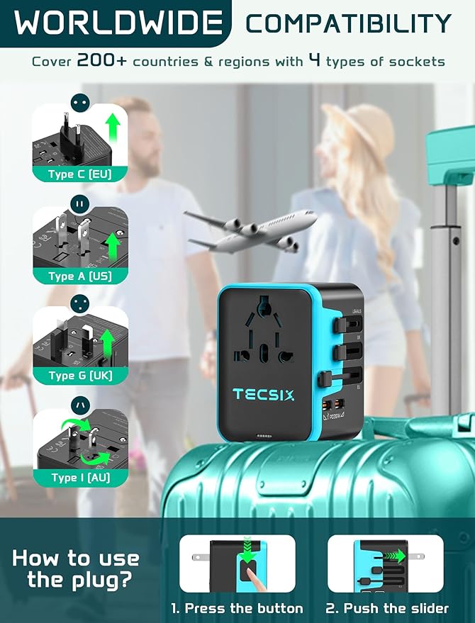 Universal Travel Adapter Worldwide PD 35W, TECSIX International Power Adapter Fast Charging with 2 USB C, 2 USB A Multi Outlets, Gan Travel Plug Adaptor for EU US UK AUS 200+ Countries
