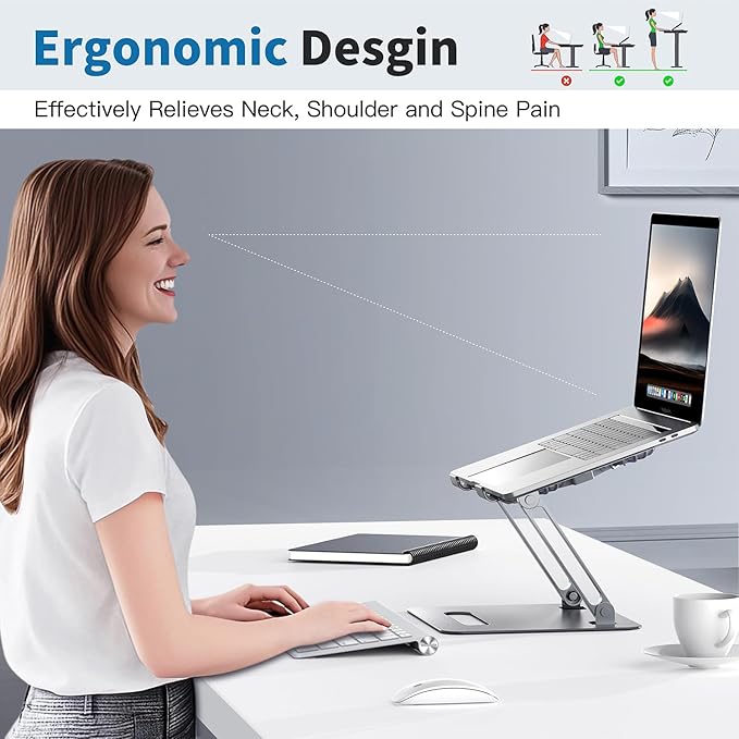 Adjustable Laptop Cooling Stand with 2 Quiet Fans & RGB Lighting, Aluminum Alloy & Foldable Ergonomic Design for MacBook, Lenovo, ASUS, Dell 10-16 Inch, Perfect for Gaming, DJ, Office - Gray