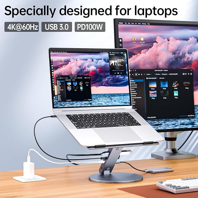 Adjustable Laptop Stand with 6-in-1 USB C Docking Station, 360° Rotation, 4K HDMI, USB3.0, PD100W, Compatible with MacBook Pro Air, Dell XPS, HP 10-16” - Gray