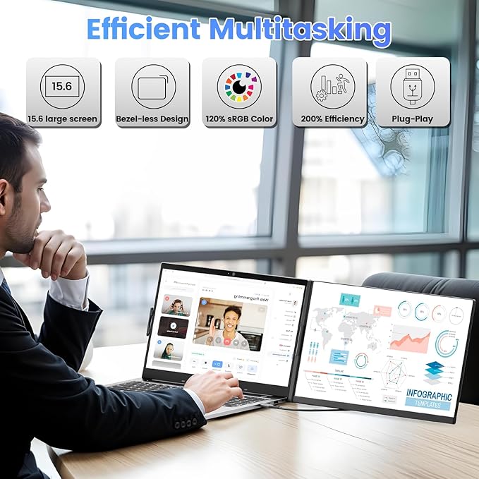 Teamgee 15.6" Laptop Screen Extender, Slim & Lightweight Portable Monitor for Laptop, Full HD IPS, 360° Rotating Stand, Detachable, USB-C Plug & Play, RGB Lighting, Thin Bezels