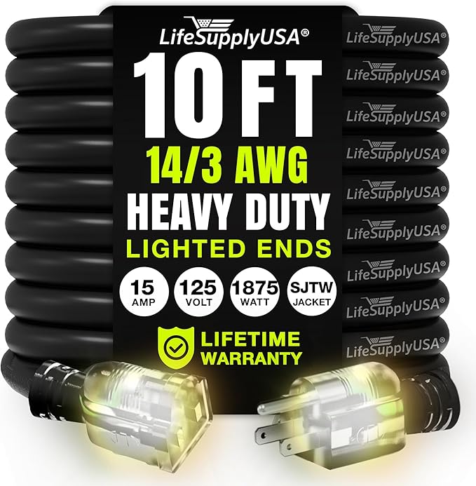 10ft Outdoor/Indoor Extension Cord 14/3 Gauge Heavy Duty 3 Prong SJTW, Waterproof, Flexible Cold-Resistant Long Power Cord,15A 125V 1875W, Black by LifeSupplyUSA