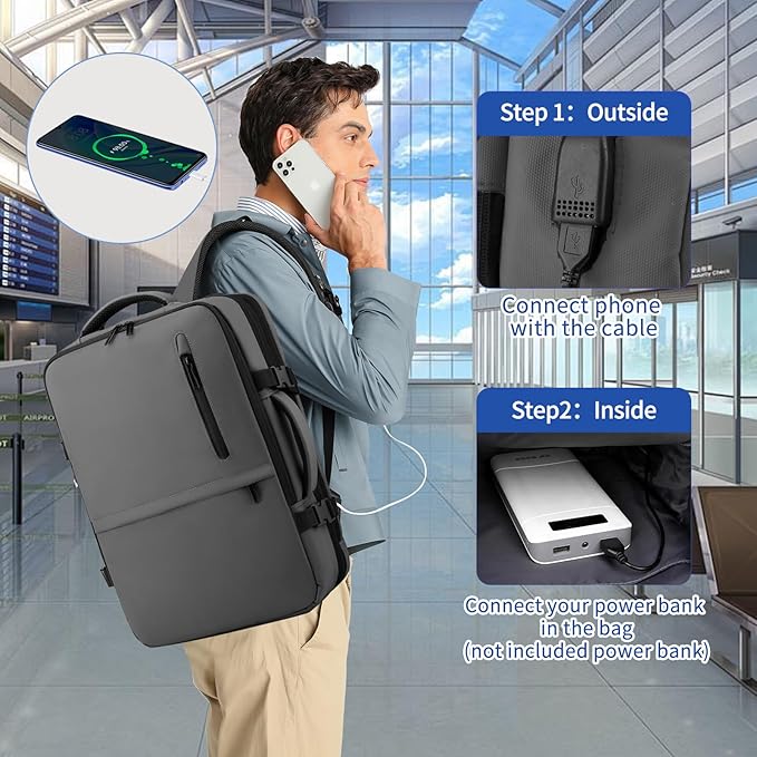 Travel Backpack for Men Women, Expandable Backpacks with Charging Port for Business Work Commute Casual, Grey