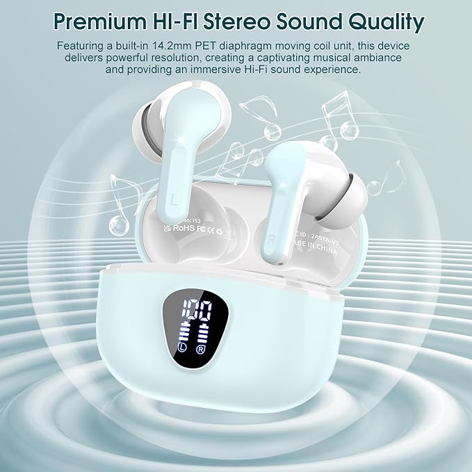 Wireless Earbuds, Bluetooth 5.4 Headphones HiFi Stereo, Bluetooth Earbuds with ENC Noise Cancelling Mic, IP7 Waterproof in Ear Earphones, 48H, LED Display Ear buds for Pad Phones Workout Sports, Azure