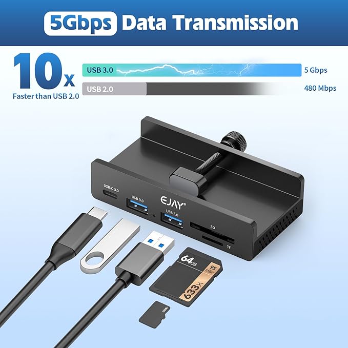 EJAY 5Ports USB3.0 HUB Alu Splitter Desktop Docking with TF&SD Card Reader for Desk/Monitors Clipping with Extra Power Supply Port,59inches Data & 39inches Power Cable-5Gbps(JK-2A1CTS-BK)