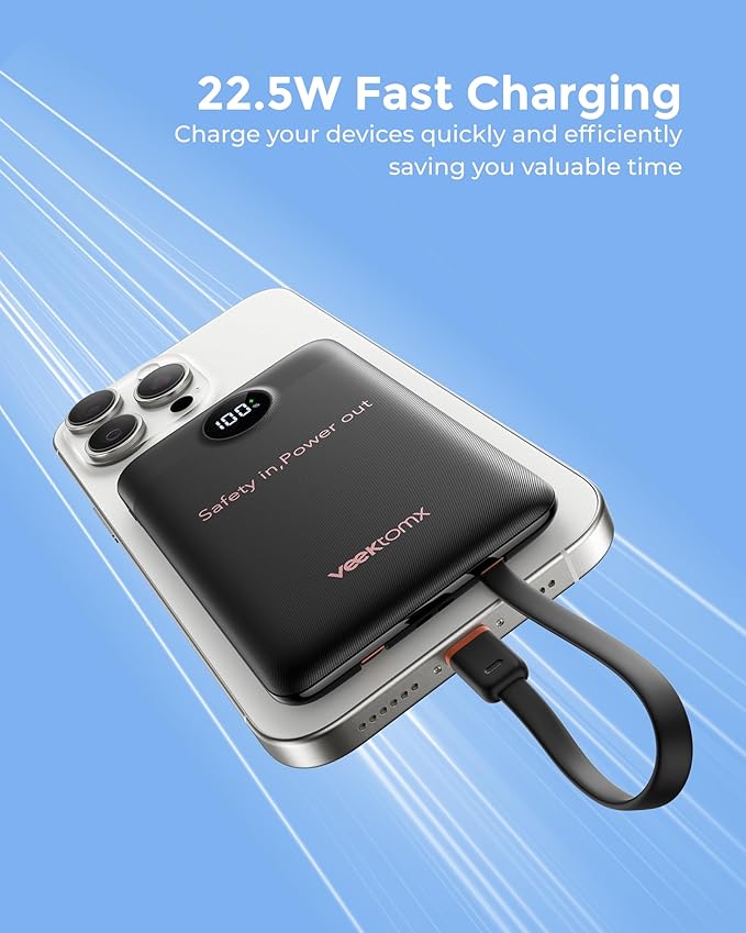 VEEKTOMX Portable Charger Built-in Cables, Power Bank for iPhone, Fast Charge USB C Battery Pack Travel Essentials Phone Charger Compatible with iPhone 17/16/15/14, Samsung S25/24