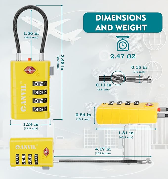 ANVIL 4 Digit Luggage Locks, TSA Locks for Luggage, Advanced TSA008 core, Alert Indicator for Your Travel Lock, Suitcase Lock.(2, Yellow)