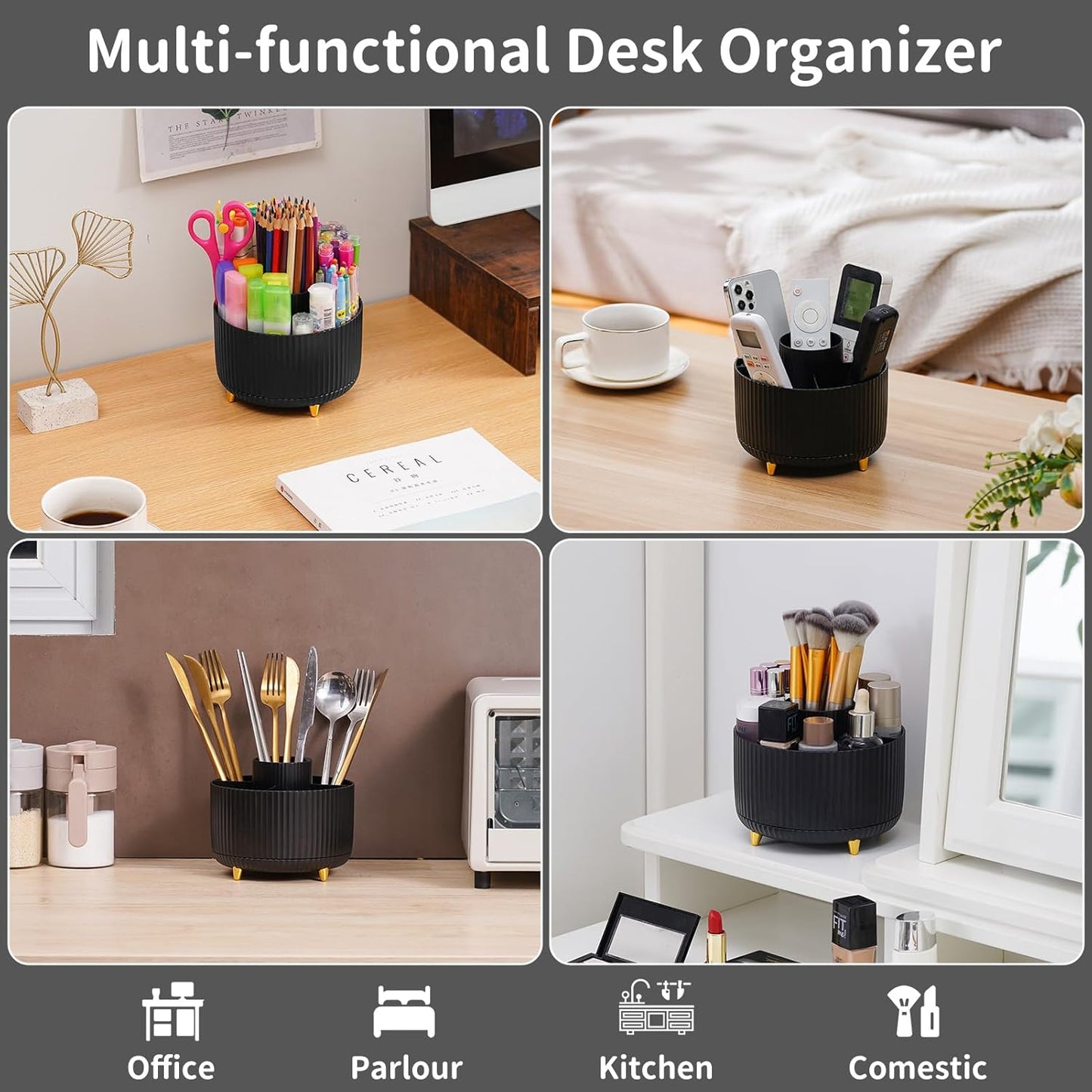 Marbrasse Desk Organizer - 360-Degree Rotating Pen Holder with 5 Compartments, Art Supply Storage Box Caddy for Office and Home (Black)