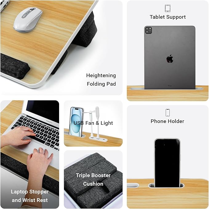 Lap Desk for Laptop with Cushion,Folding Laptop Desk for Bed with USB,Bed Desk,Portable Computer Lap Desk,23.62"*15.74",Wood