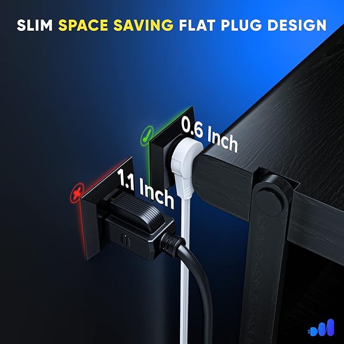 Maximm 360 Rotating Flat Plug Extension - 1ft Slim Space-Saving Plug Design, Low Profile Cord for Under Carpet (White)