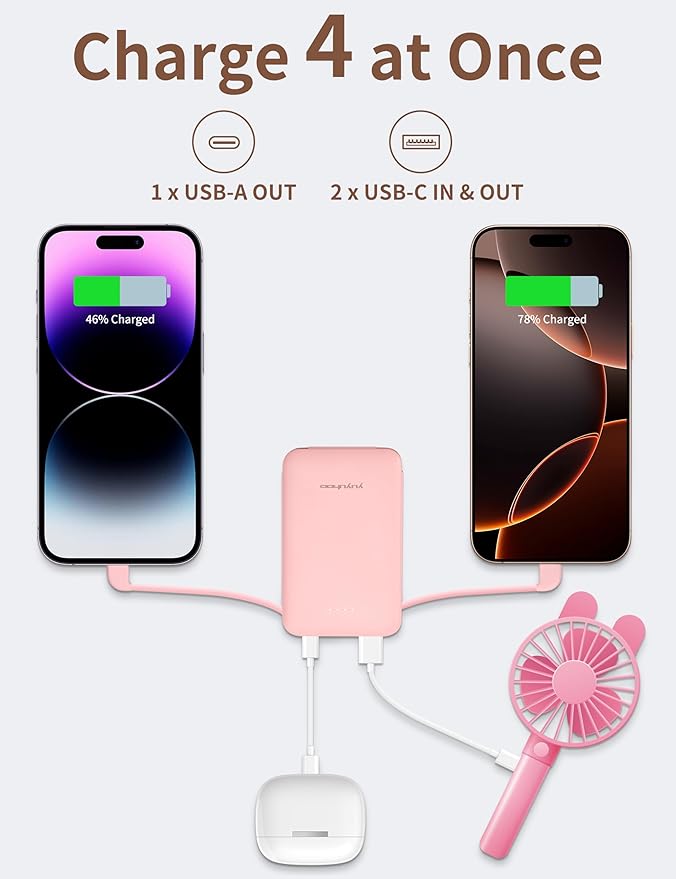 Power Bank, Slimmest 5000mAh Portable Charger with Built in USB-C Cables, USB C in&Out Charging Battery Pack, External Phone Powerbank Compatible with iPhone, Android, Pink