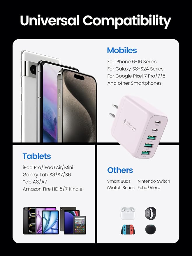 USB C Charger Block, [2-Pack] Type C Charger Fast Charging,50W 5-Port USB Wall Charger Multiport Type C Charging Block Cube for iPhone 17/16/15/14/13/12/11 Pro Max XS,iPad,Samsung&More-Pink