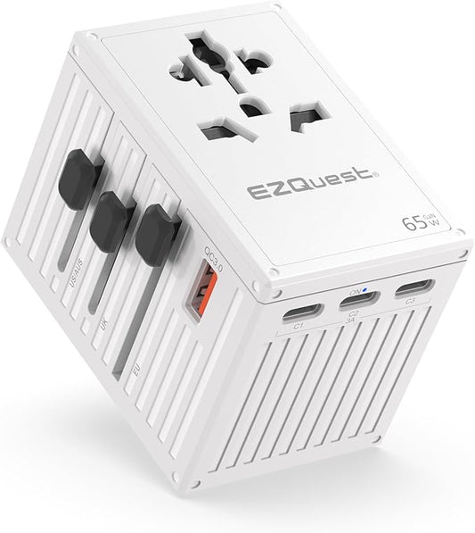 EZQuest WorldTravel 65W GaN 5-Port Wall Charger - Compact Universal Travel Adapter with 4 Plug Types (US/UK/EU/AU) for 200+ Countries - 4X USB-C & 1x USB-A Ports, PD Fast Charging - White