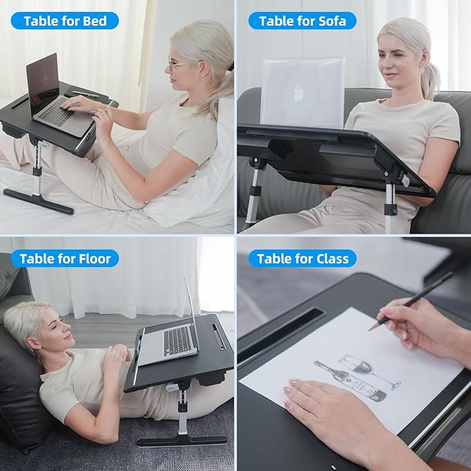 Bed Desk for Laptop, Adjustable Lap Desk with 2 Storage Drawers, Premium PVC Leather, Foldable Laptop Table for Eating, Working, Writing and Drawing