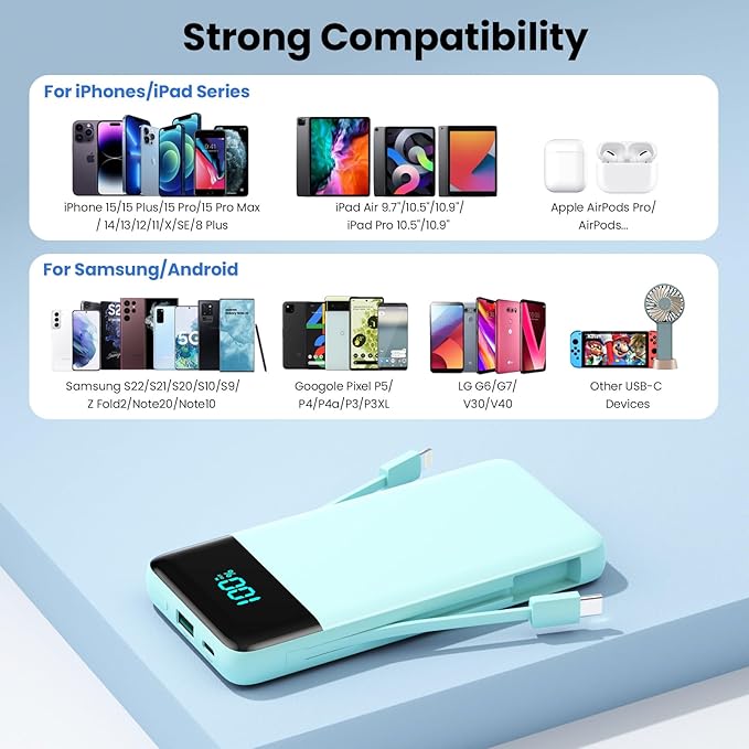 Portable Charger 13800mAh Power Bank with Built-in Cables,LCD Display Fast Charging USB C Battery Pack,4 Outputs Travel Essential Portable Phone Charger for iPhone 16/15/14/13,Samsung,Android (Green)