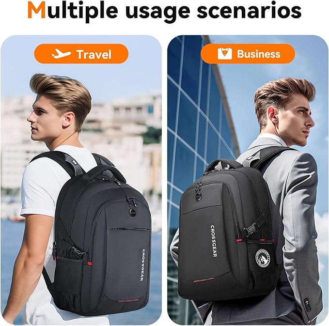CROSSGEAR Travel Laptop Backpack Commuter Backpack Classic Backpack Water Resistant with USB Charging Hole Computer Bag Daypack for Men Women Work Daily Life,Black