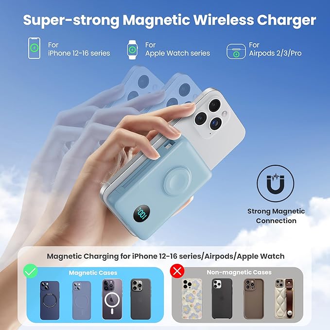 Magnetic Portable Charger 10800mAh for iPhone with Built-in Cables, 6-in-1 Wireless Power Bank with iWatch Charger, 25W PD Fast Charging USB C Battery Pack for iPhone 16/15/14/13,Apple Watch(Sky Blue)