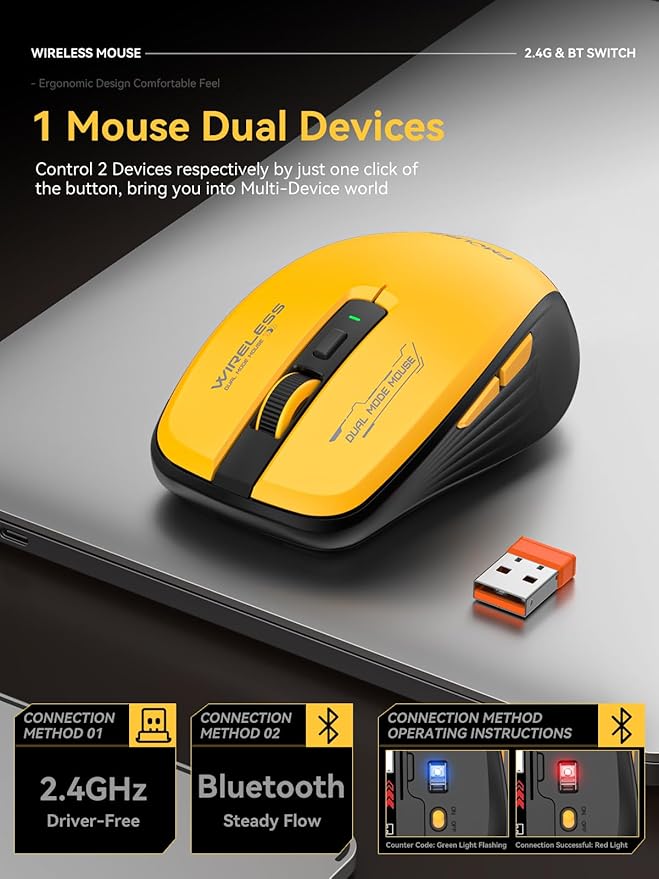 Wireless Mouse (Bluetooth & 2.4GHz USB) with Forward/Backward Side Keys, Silent Click, Ergonomic Portable AA Battery Mice for Laptop/Mac/iPad - Office & Travel Use, Yellow & Black