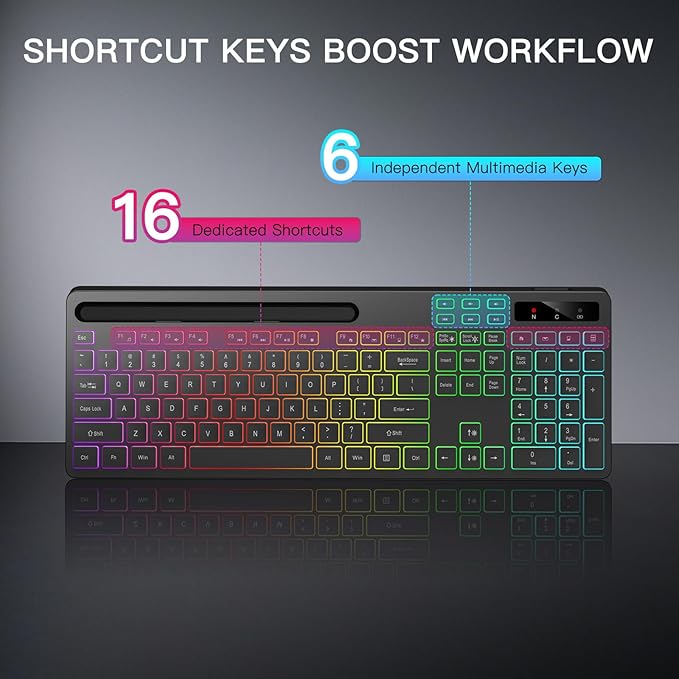 Wireless Keyboard with 7 Colors & 4 Modes RGB Backlit, Ergonomic Keyboard with Wrist Rest, Phone Tablet Holder, 2.4G Light Up Computer Keyboard with Numeric Keypad for Mac, Windows