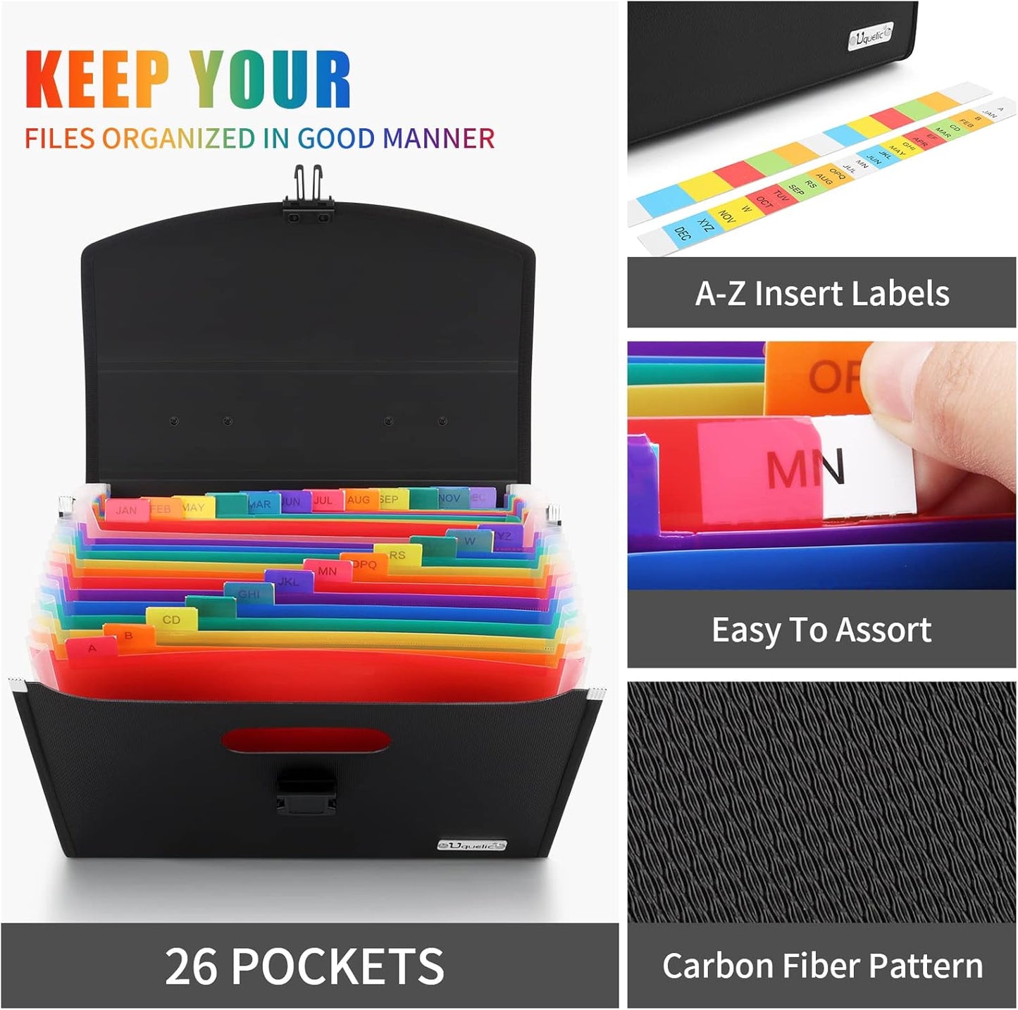 Uquelic 26 Pockets Expanding File Folder - Accordion Savor Document Organizer Folio Upgraded Durable Buckle, Base with Ergonomic Portable Handle/Large Legal Size Expandable File Organizer