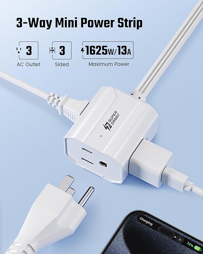 Extension Cord 10ft SUPERDANNY Mini Power Strip Ultra Right Angled Flat Plug for Tight Spaces,Indoor Extension with 3 Outlets,for Office Home Appliances,Non Surge Protector for Travel Cruise,White