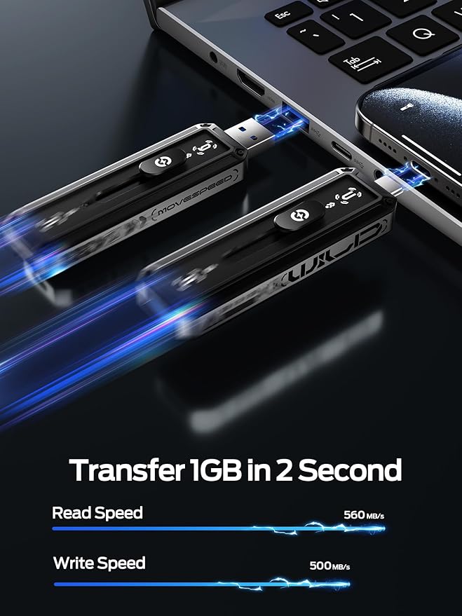 MOVE SPEED 512GB External SSD 560MB/s Read Speed, USB 3.2+USB C Dual Ports External Drive, Portable SSD 3-Stage Push-Pull Design for iPhone 15/16/17 Series/Mac/Android Phone etc