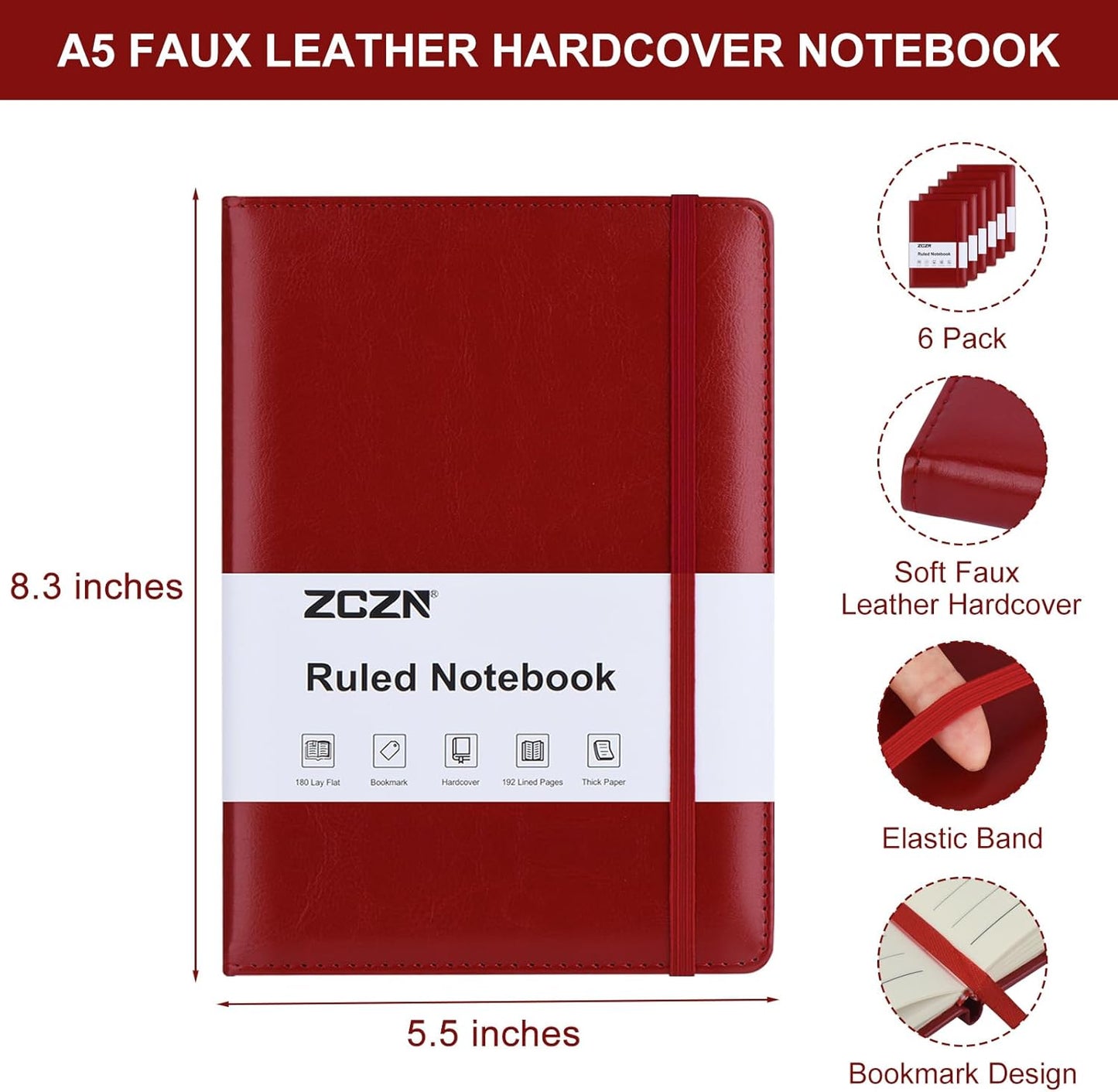 ZCZN 6 Pack Lined Journal Notebooks, 192 Pages A5 Hardcover Leather Journals for Work,Writing,School & Travel, College Ruled Journaling Notebooks for Notes Taking,Diary Notepad (Red*6)