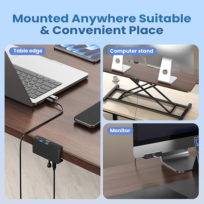 EJAY 5Ports USB3.0 HUB Alu Splitter Desktop Docking with TF&SD Card Reader for Desk/Monitors Clipping with Extra Power Supply Port,59inches Data & 39inches Power Cable-5Gbps(JK-2A1CTS-BK)