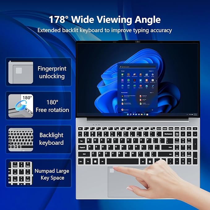 2025 Laptop, 15.6 inch Laptop Computer with 16GB DDR4 512GB SSD, N5095 Quad-Core up to 2.9GHz, Portable Laptop with Backlit Keyboard, Fingerprint, FHD 1920 * 1200, WiFi5, BT4.2, Win 11 Pro