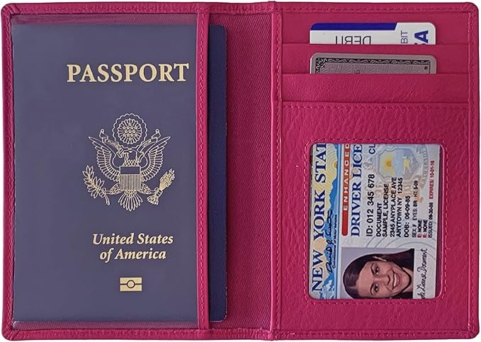 Personalized Monogrammed Bright Pink Leather RFID Passport Wallet and 2 Luggage Tags