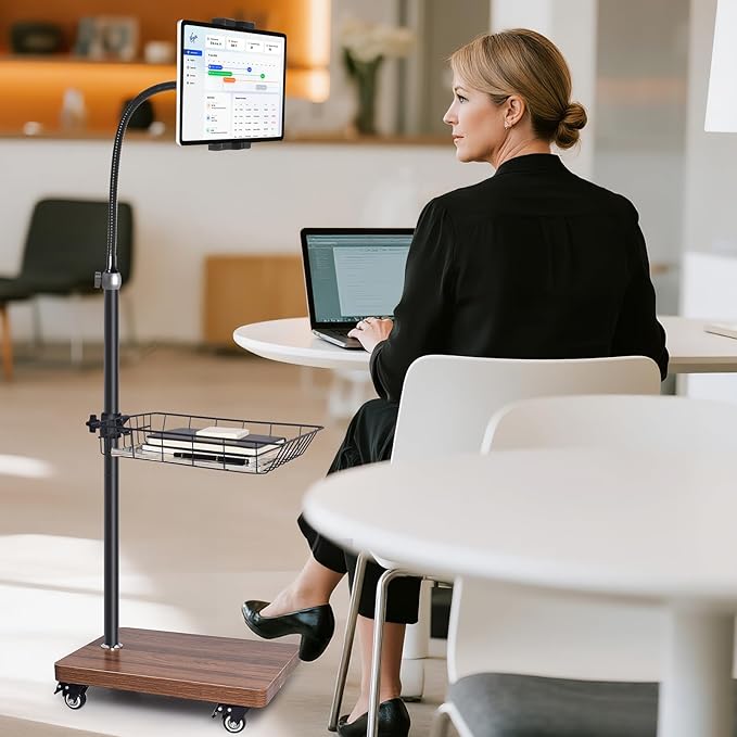Adjustable Floor Tablet Stand with Rolling Base, Flexible Gooseneck Mount, Wood Platform, Mobile Device Holder for Indoor Use
