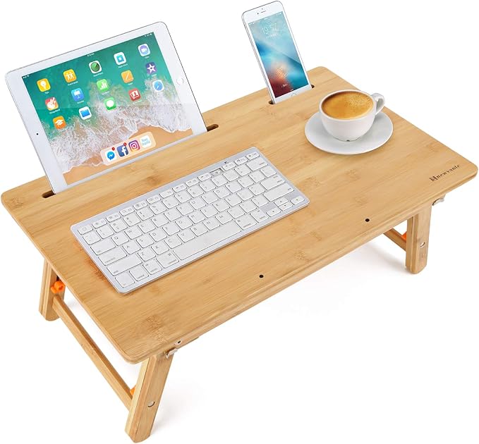Drawing Table Nnewvante Laptop Desk Adjustable Drafting Desk Foldable Bamboo Bed Tray with Tablet Slot for Adult Kids, Large