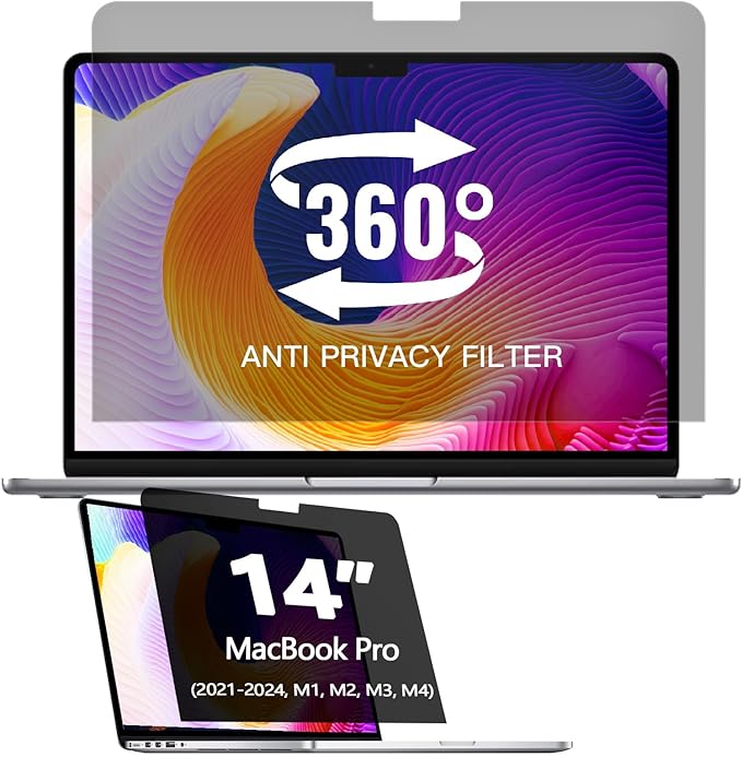 360° Privacy Screen Protector for MacBook Pro 14 Inch (2021-2024, M1, M2, M3, M4) Privacy Screen Filter for MacBook Pro 14 Inch, Anti-Spy/Anti Fingerprint/Anti Blue Light/Anti Glare