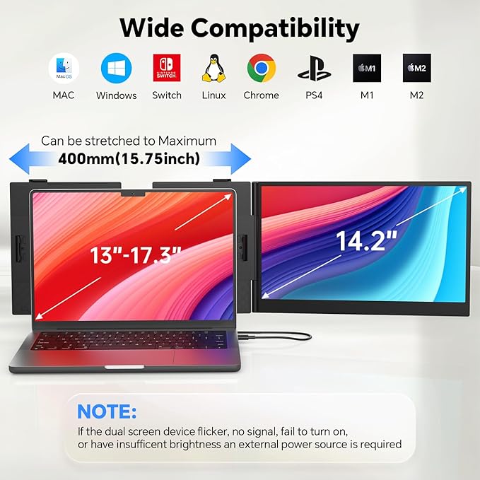 14.2" Laptop Screen Extender, 0.17" Ultra-Thin FHD 1080P IPS Portable Monitor for Laptop, Dual Screen Travel Monitor Extender, Plug-Play for Windows/Mac/Chrome, Fit 13”-17.3” Laptops