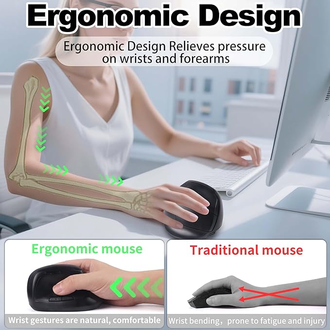 Wireless Ergonomic Bluetooth Mouse Vertical Dual Mode Rechargeable Silent Portable High Precision Optical Cordless Mice with USB Receiver for PC/Laptop/Tablet/MacBook Boy Girl,Reduce Wrist Pain（Black）