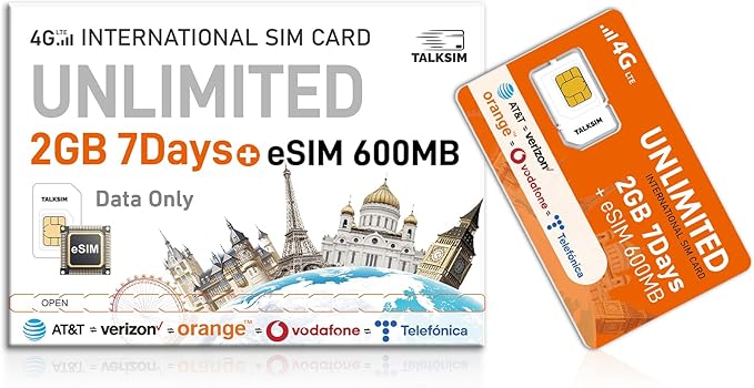 International Data SIM & eSIM Combo–Unlimited 2GB for 7 Days SIM+600MB Travel eSIM | 5G/4G Coverage 51 Countries in USA, UK, Europe, Asia, Oceania| Phone/Tablet/Mobile Hotspot Compatible, No Contract