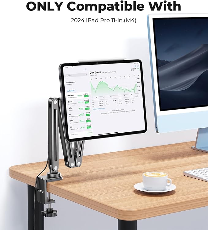 Magnetic Wireless Charging Stand for iPad Pro 11" M4 (2024), Foldable Adjustable Arm Mount with 2M Cable, Aluminum Alloy Tablet Holder for Desk