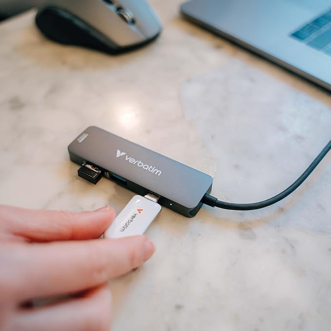Verbatim USB-C Essentials Multiport Hub – 4 Ports: (1) USB-A 2.0, (1) USB-A 3.0/3.2 Gen 1, (1) USB-C 3.0/3.2 Gen 1 with 4K HDMI and Up to 100W Power Delivery